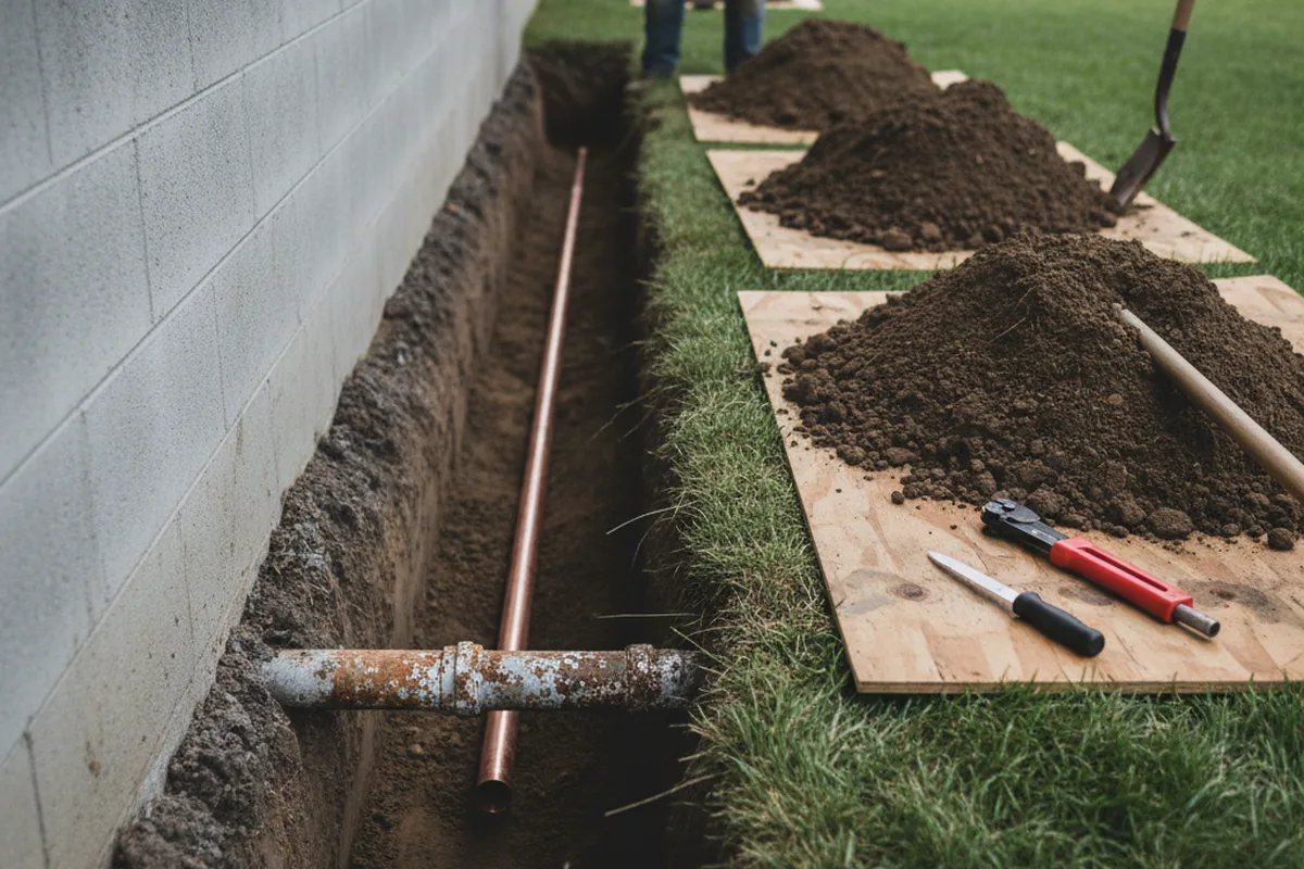 Excavated water line trench during Water Softener Installation in Pixley